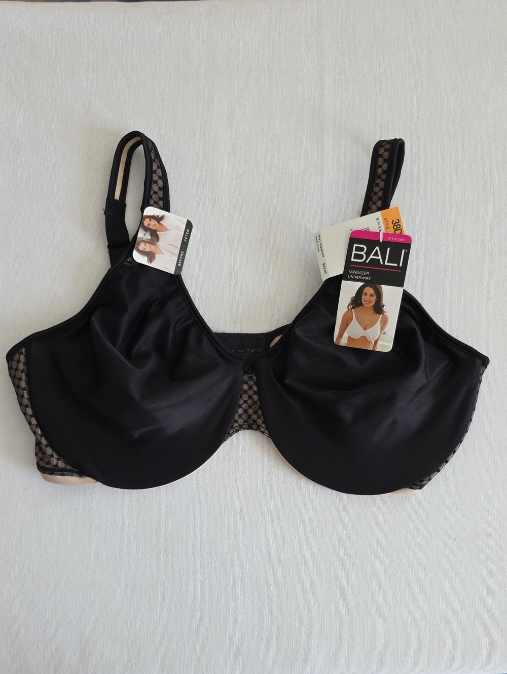 Bali Minimizer Underwire Bra Size 38DD Black Nude Style 3385 Mesh Accents